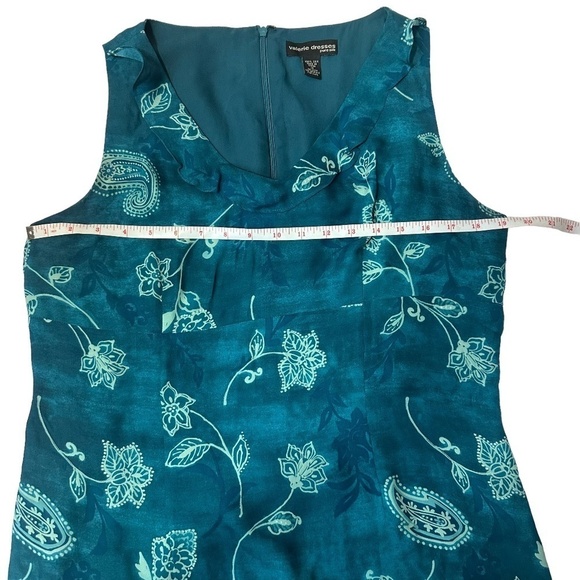 Valerie Stevens Pure Silk Teal Floral Dress with Ruffled Neckline Size 14 - Picture 9 of 10